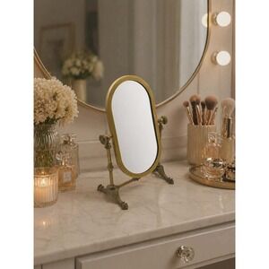 Vintage Brass Vanity Mirror Tabletop Swivel Jewelry Counter Antique Standing MCM